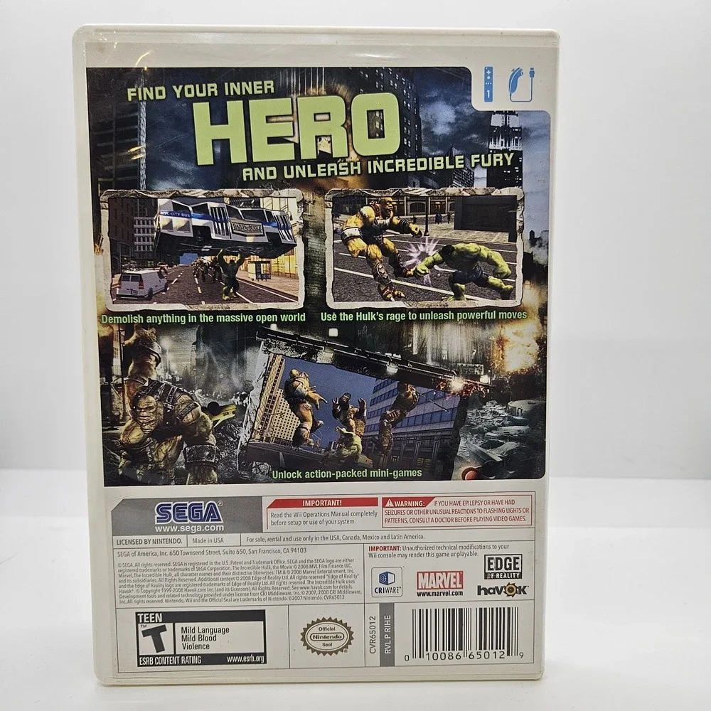The Incredible‎ Hulk Nintendo Wii Game Complete SEGA Marvel